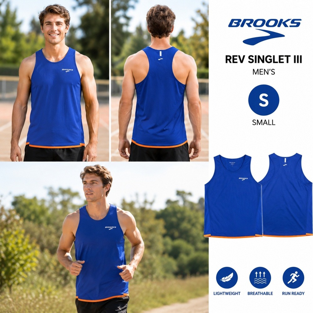 Brooks Rev Singlet III Mens Small Indigo Blue Orange Running Tank Top 210564425